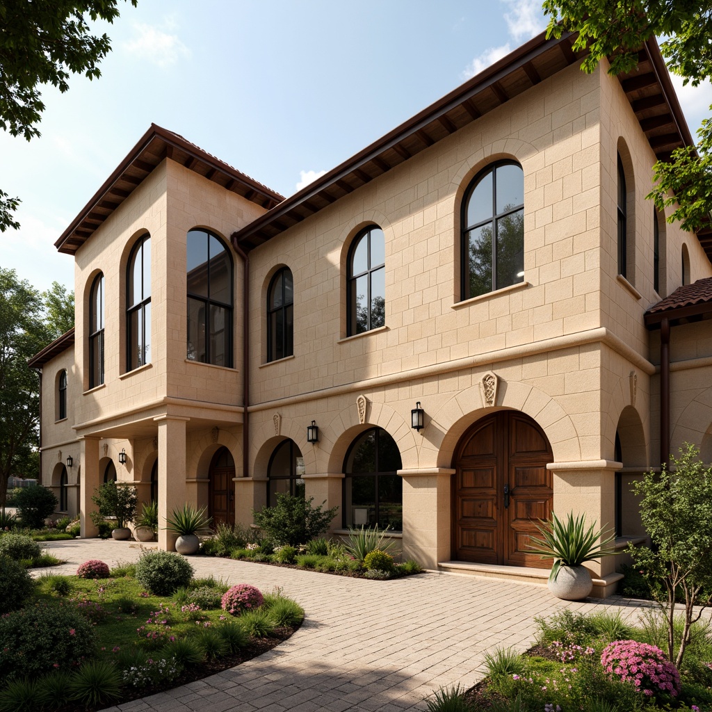 Prompt: Rustic school building, Romanesque architecture, warm beige stone walls, rounded arches, sturdy columns, ornate carvings, earthy red roof tiles, heavy wooden doors, wrought iron accents, vintage lanterns, lush greenery, blooming flowers, tranquil courtyard, soft natural lighting, 1/1 composition, realistic textures, ambient occlusion.