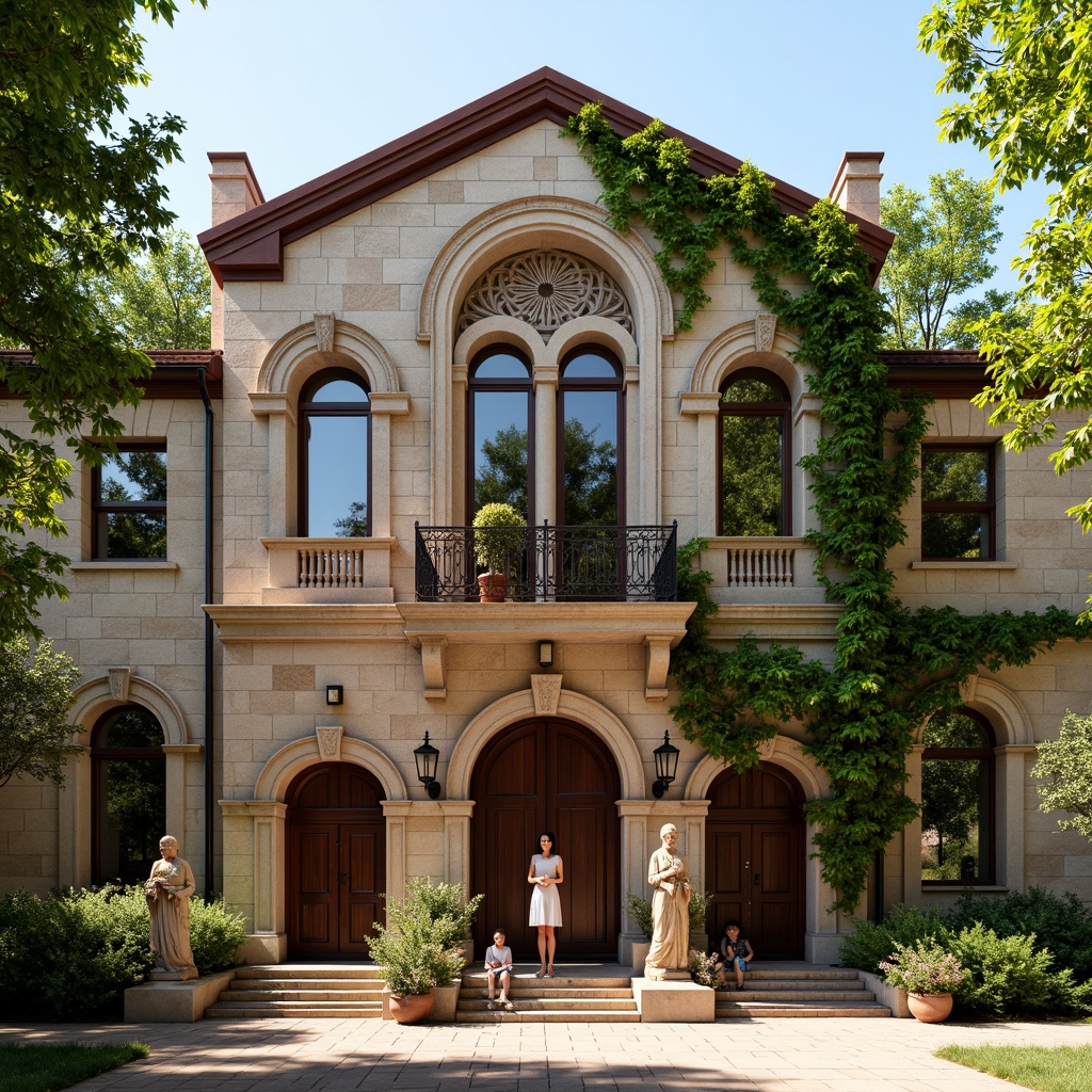 Prompt: Rustic school building, Romanesque style facade, arched windows, ornate stone carvings, earthy tone brickwork, vibrant green ivy, medieval-inspired architecture, grand entranceways, heavy wooden doors, intricate metalwork, ornamental columns, carved stone statues, sunny afternoon, warm soft lighting, shallow depth of field, 1/2 composition, realistic textures, ambient occlusion.