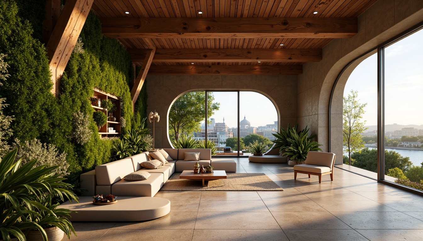 Prompt: Organic apartment building, curved lines, natural materials, reclaimed wood accents, living green walls, lush vegetation, earthy color palette, soft warm lighting, cozy atmosphere, open floor plan, minimalist decor, natural stone flooring, wooden ceiling beams, large windows, sliding glass doors, panoramic city views, 1/1 composition, shallow depth of field, realistic textures, ambient occlusion.