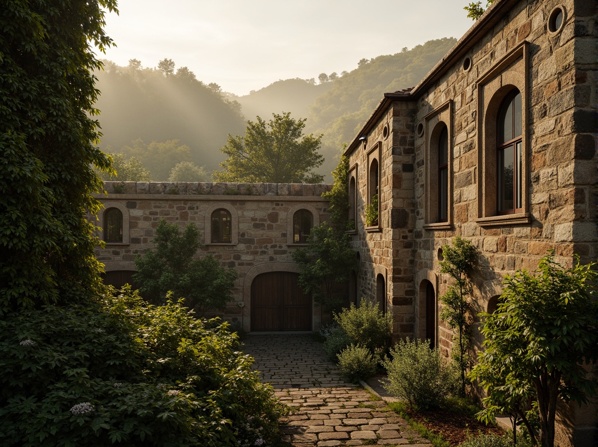 Prompt: Rustic stone buildings, arched windows, ornate carvings, lush greenery, overgrown vines, ancient trees, serene countryside, rolling hills, misty morning, warm golden lighting, soft focus, 1/1 composition, intimate atmosphere, natural textures, ambient occlusion, earthy tones, moss-covered walls, weathered stone surfaces, tranquil ambiance.