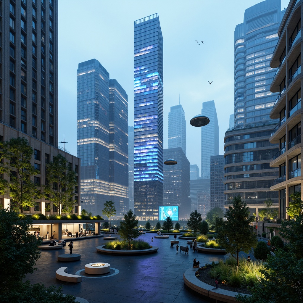 Prompt: Futuristic cityscape, neon-lit skyscrapers, holographic advertisements, levitating transportation pods, curved metallic buildings, iridescent glass facades, angular rooftops, verdant green walls, hydroponic gardens, misty atmospheric effects, soft blue ambient lighting, shallow depth of field, 1/1 composition, panoramic view, realistic reflections, ambient occlusion, sleek modern furniture, minimalist decor, futuristic gadgets, virtual reality interfaces, augmented reality displays.