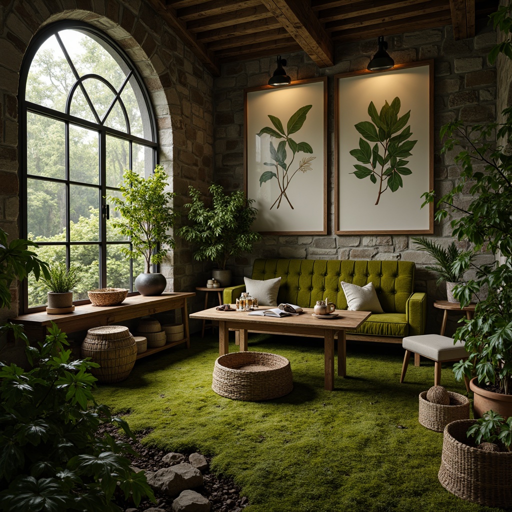 Prompt: Mossy forest floor, lush greenery, natural stone walls, wooden accents, earthy tone furniture, botanical illustrations, soft warm lighting, cozy reading nook, plush moss-green velvet sofa, reclaimed wood coffee table, woven wicker baskets, potted ferns, misty morning atmosphere, shallow depth of field, 1/1 composition, realistic textures, ambient occlusion.