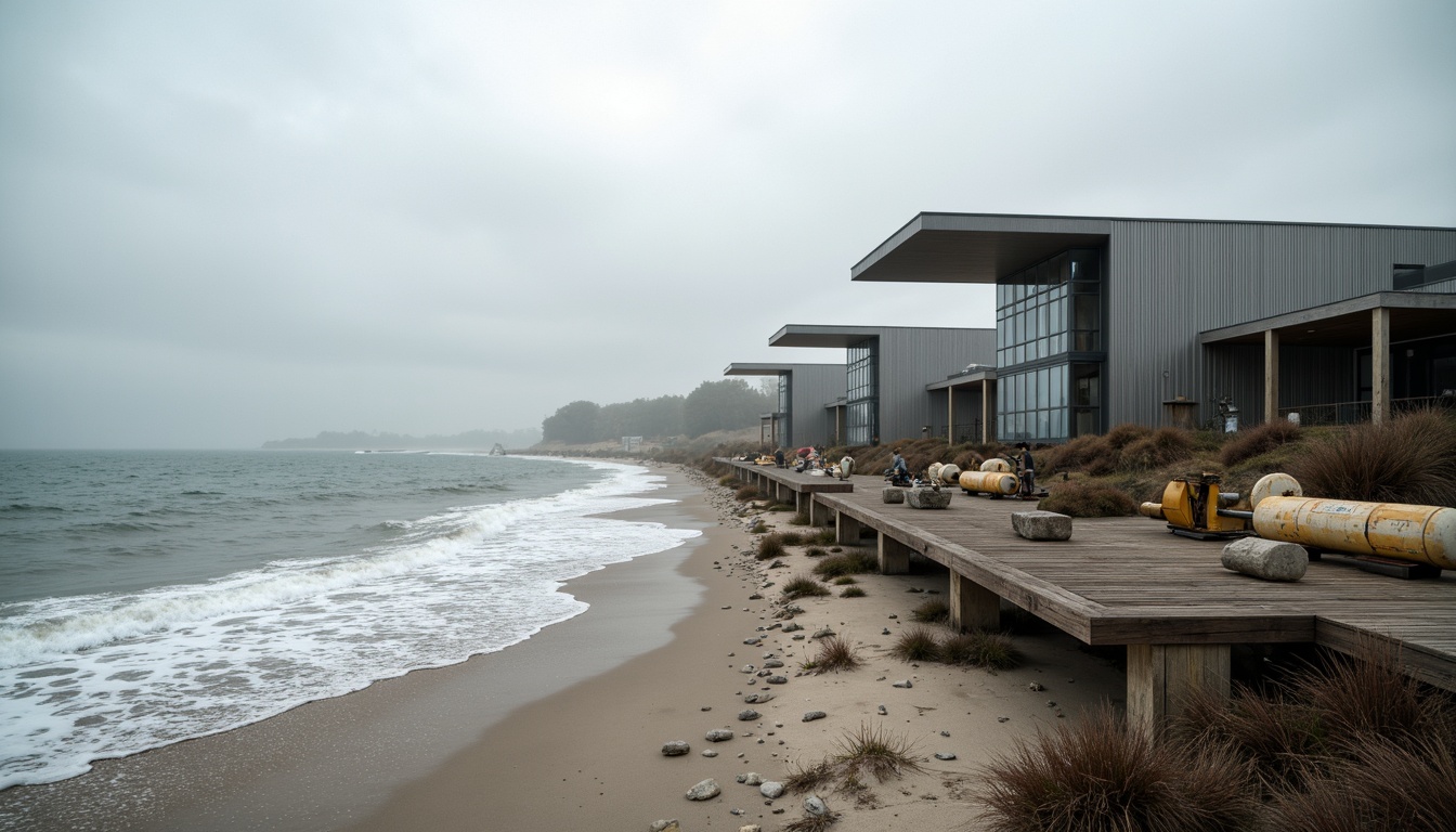 Prompt: Wave-crashing coastline, sandy beach, weathered wooden docks, rusty nautical equipment, futuristic workshop facilities, sleek metal cladding, cantilevered roofs, minimalist glass facades, angular lines, ocean-inspired color scheme, salt-worn textures, ambient mist effects, shallow depth of field, 1/2 composition, realistic reflections, soft warm lighting, misty morning atmosphere, seagull sounds, innovative sustainable materials, eco-friendly building systems.