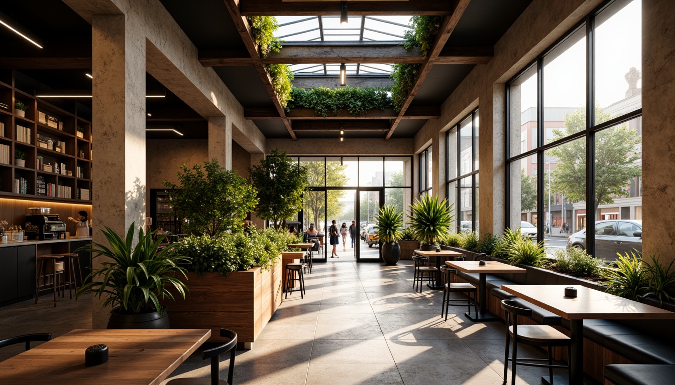 Prompt: Cozy coffee shop interior, warm wooden accents, large windows, glass doors, natural stone floors, minimalist decor, greenery walls, lush plants, skylights, clerestory windows, soft warm lighting, shallow depth of field, 3/4 composition, panoramic view, realistic textures, ambient occlusion, urban cityscape views, bustling street scenes, morning sunlight, afternoon warmth, comfortable seating areas, rustic wooden tables, industrial metal chairs.