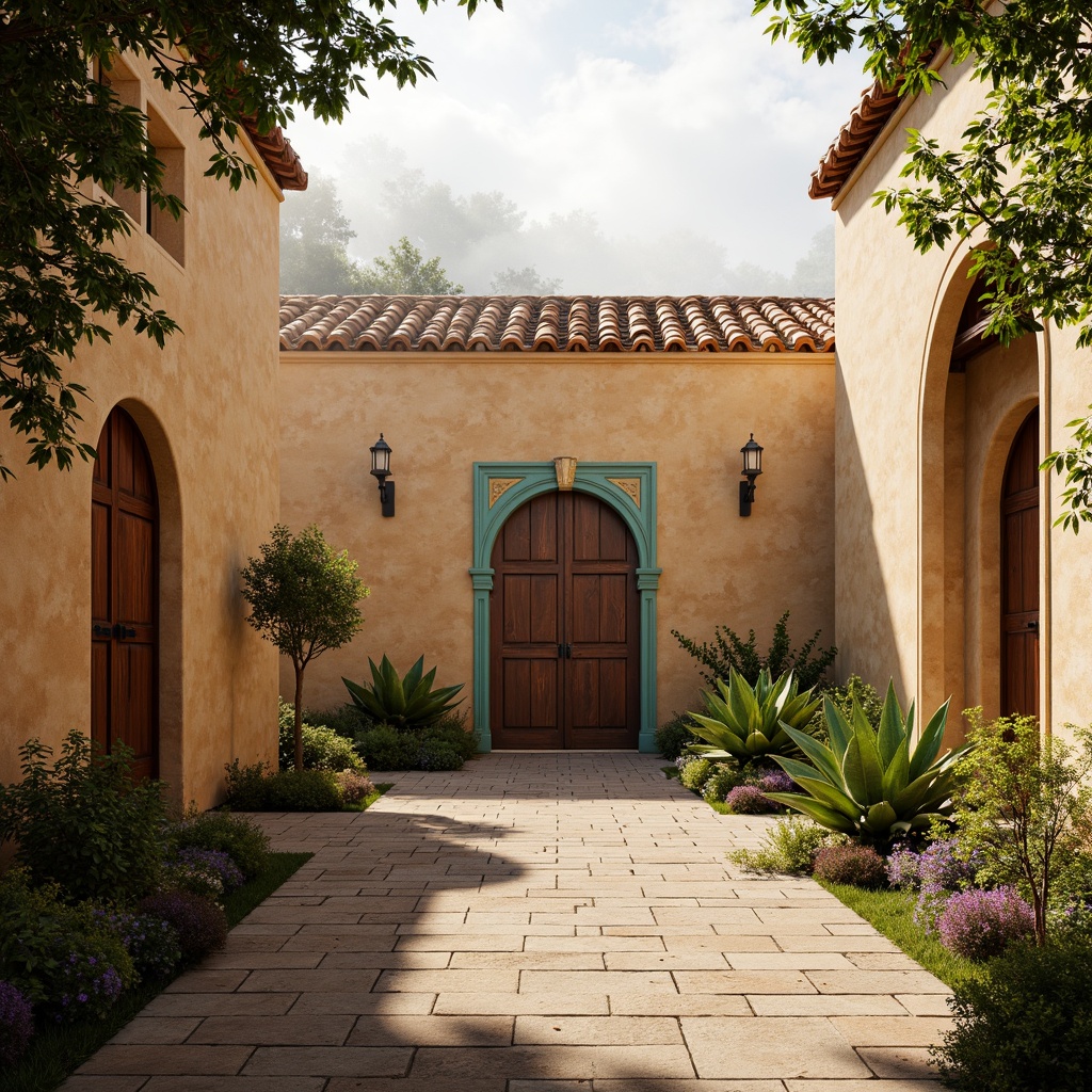 Prompt: Warm beige stone walls, rustic terracotta roofs, ornate carvings, grand archways, vibrant turquoise accents, earthy brown wooden doors, soft golden lighting, misty morning atmosphere, shallow depth of field, 1/2 composition, realistic textures, ambient occlusion, natural stone pathways, lush greenery, blooming flowers, serene courtyard, peaceful ambiance.