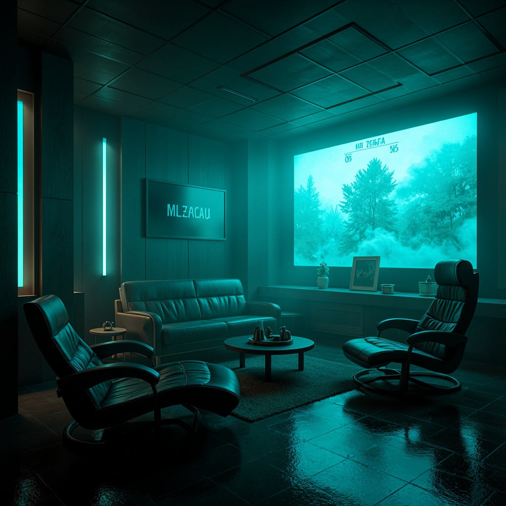 Prompt: Moody dark cyan walls, mysterious ambiance, futuristic neon lights, metallic accents, high-tech gadgets, sleek modern furniture, minimalist decor, abstract digital art, atmospheric mist, dramatic shadows, cinematic lighting, 1/1 composition, shallow depth of field, realistic reflections, ambient occlusion.