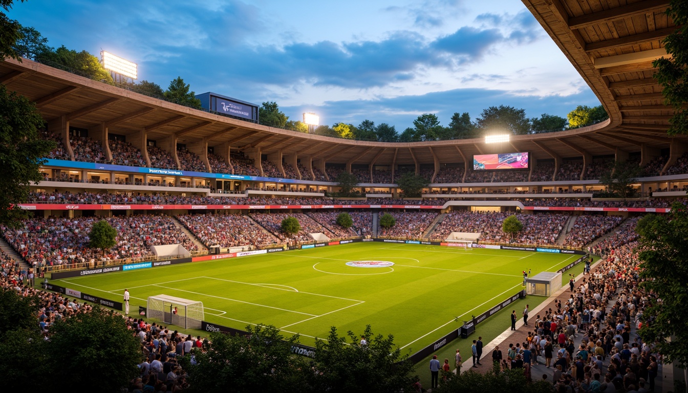 Prompt: Rustic soccer stadium, regional materials, natural stone fa\u00e7ade, reclaimed wood accents, earthy color palette, undulating rooflines, curved architecture, local cultural influences, vibrant team colors, lush greenery, sports floodlights, evening atmosphere, dramatic shadows, warm golden lighting, 1/1 composition, symmetrical framing, realistic textures, ambient occlusion.Let me know if this meets your requirements!