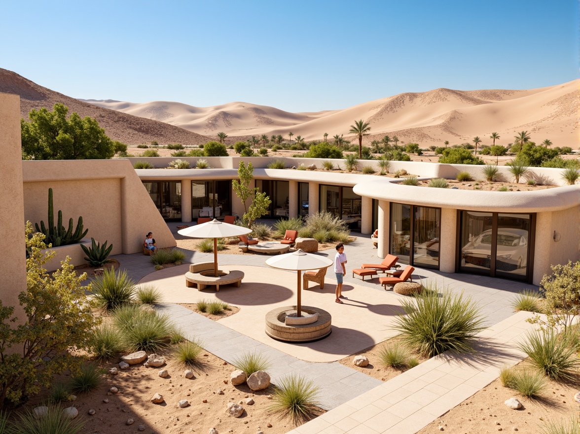 Prompt: Desert oasis, sandy dunes, cactus plants, hot sunny day, clear blue sky, vast open space, modern architecture blending, earthy tones, natural stone walls, curved lines, organic forms, cantilevered roofs, green roofs, solar panels, water conservation systems, sustainable energy solutions, shaded outdoor spaces, misting systems, Arabic-inspired patterns, vibrant colorful textiles, intricate geometric motifs, seamless integration, harmonious coexistence.