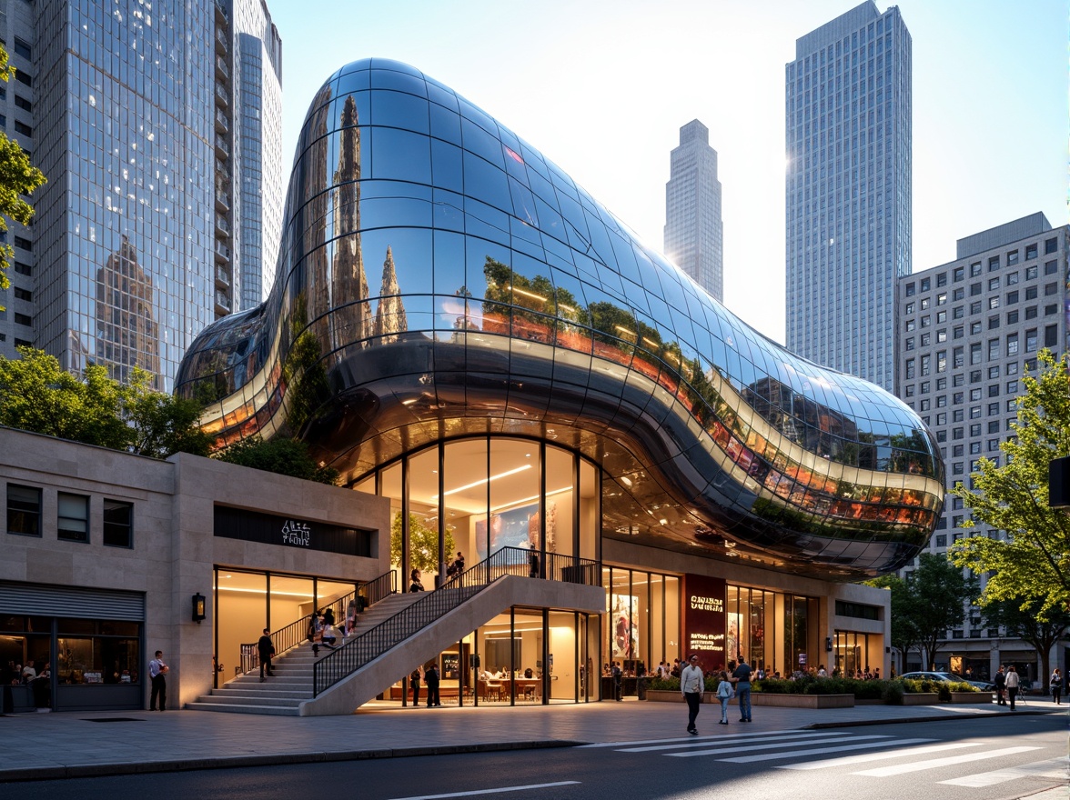 Prompt: Curved blob-like structure, futuristic facade design, iridescent glass panels, shimmering LED lights, undulating metal surfaces, dynamic shapes, fluid architecture, vibrant color scheme, abstract patterns, organic forms, performing arts center signage, grand entrance, sweeping staircases, open-air amphitheaters, urban cityscape background, sunny day, soft warm lighting, shallow depth of field, 3/4 composition, panoramic view, realistic textures, ambient occlusion.