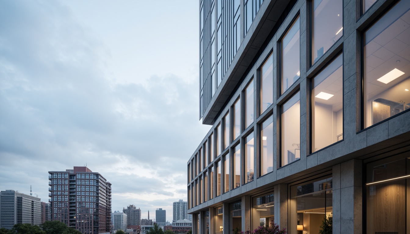 Prompt: Modern sleek skyscraper, neutral tone facade, silver aluminum accents, floor-to-ceiling glass windows, minimalist concrete columns, urban cityscape background, cloudy blue sky, warm natural light, shallow depth of field, 1/2 composition, realistic reflections, ambient occlusion.