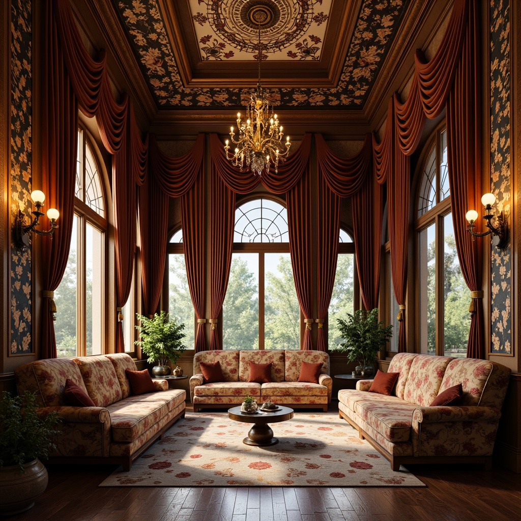 Prompt: Intricate ornate furnishings, sinuous curves, flowing lines, organic shapes, luxurious fabrics, velvet drapes, stained glass windows, mosaic patterns, bronze metalwork, floral motifs, natural materials, warm earthy tones, soft golden lighting, shallow depth of field, 2/3 composition, symmetrical balance, realistic textures, ambient occlusion.