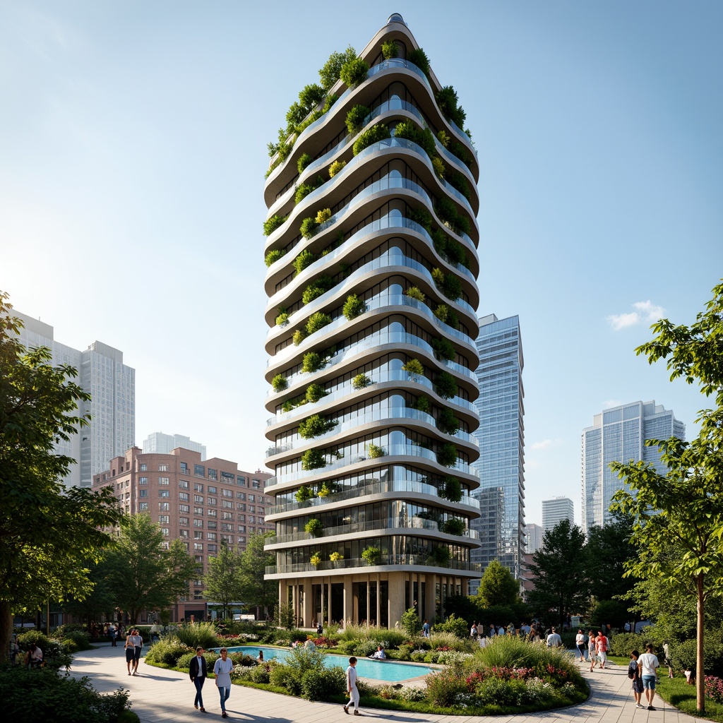 Prompt: Eco-friendly skyscraper, green roofs, solar panels, wind turbines, rainwater harvesting systems, recycled materials, energy-efficient glass facades, natural ventilation systems, urban farming integration, vertical gardens, living walls, biophilic design, minimalist aesthetic, sleek modern lines, futuristic architecture, sustainable urban planning, reduced carbon footprint, zero-waste policy, innovative water conservation, misting systems, shaded outdoor spaces, vibrant greenery, blooming flowers, sunny day, soft warm lighting, shallow depth of field, 3/4 composition, panoramic view.