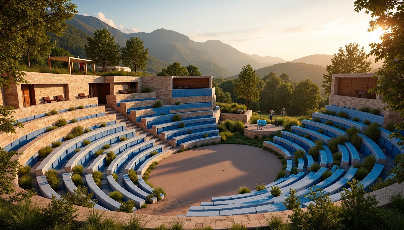 Prompt: Vibrant outdoor amphitheater, gradient blue seats, warm beige stone walls, lush green grassy slopes, natural wood accents, earthy terracotta flooring, soft golden lighting, sunset-inspired color palette, gentle misting system, panoramic views, 3/4 composition, realistic textures, ambient occlusion.