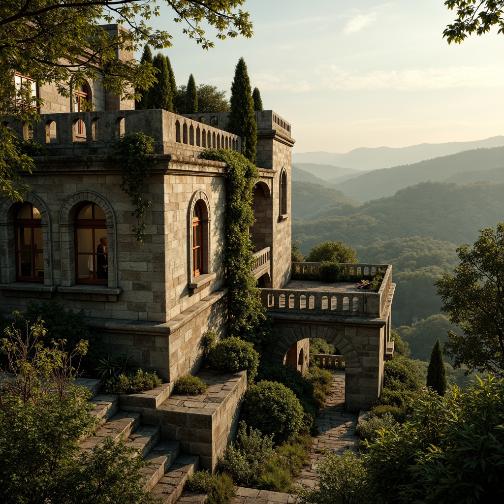 Prompt: Rustic stone buildings, arched windows, ornate carvings, lush greenery, overgrown vines, ancient trees, serene countryside, rolling hills, misty morning, warm golden lighting, soft focus, 1/1 composition, intimate atmosphere, natural textures, ambient occlusion, earthy tones, moss-covered walls, weathered stone surfaces, tranquil ambiance.