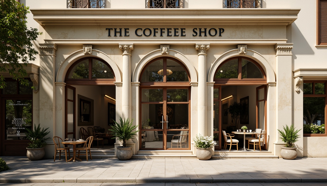 Prompt: Elegant coffee shop facade, neoclassical columns, ornate cornices, symmetrical composition, cream-colored stone walls, large arched windows, wooden shutters, bronze door handles, vintage signage, lush greenery, potted plants, outdoor seating area, warm sunny day, soft natural lighting, shallow depth of field, 1/1 composition, realistic textures, ambient occlusion.