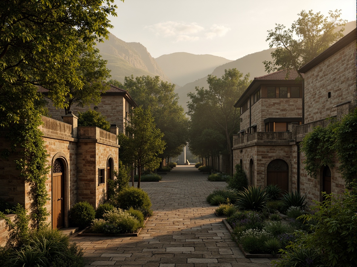 Prompt: Rustic stone buildings, arched windows, ornate carvings, lush greenery, overgrown vines, ancient trees, serene countryside, rolling hills, misty morning, warm golden lighting, soft focus, 1/1 composition, intimate atmosphere, natural textures, ambient occlusion, earthy tones, moss-covered walls, weathered stone surfaces, tranquil ambiance.