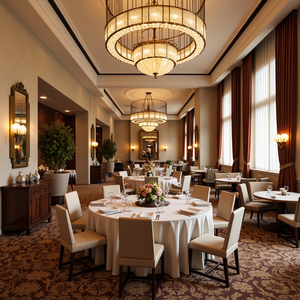 Prompt: Elegant dining hall, grand chandelier, luxurious carpeting, rich wood paneling, sophisticated furniture, cream-colored walls, lavish drapery, ornate mirrors, stylish table settings, fine china displays, vibrant flower arrangements, soft warm lighting, shallow depth of field, 1/1 composition, symmetrical layout, realistic textures, ambient occlusion.