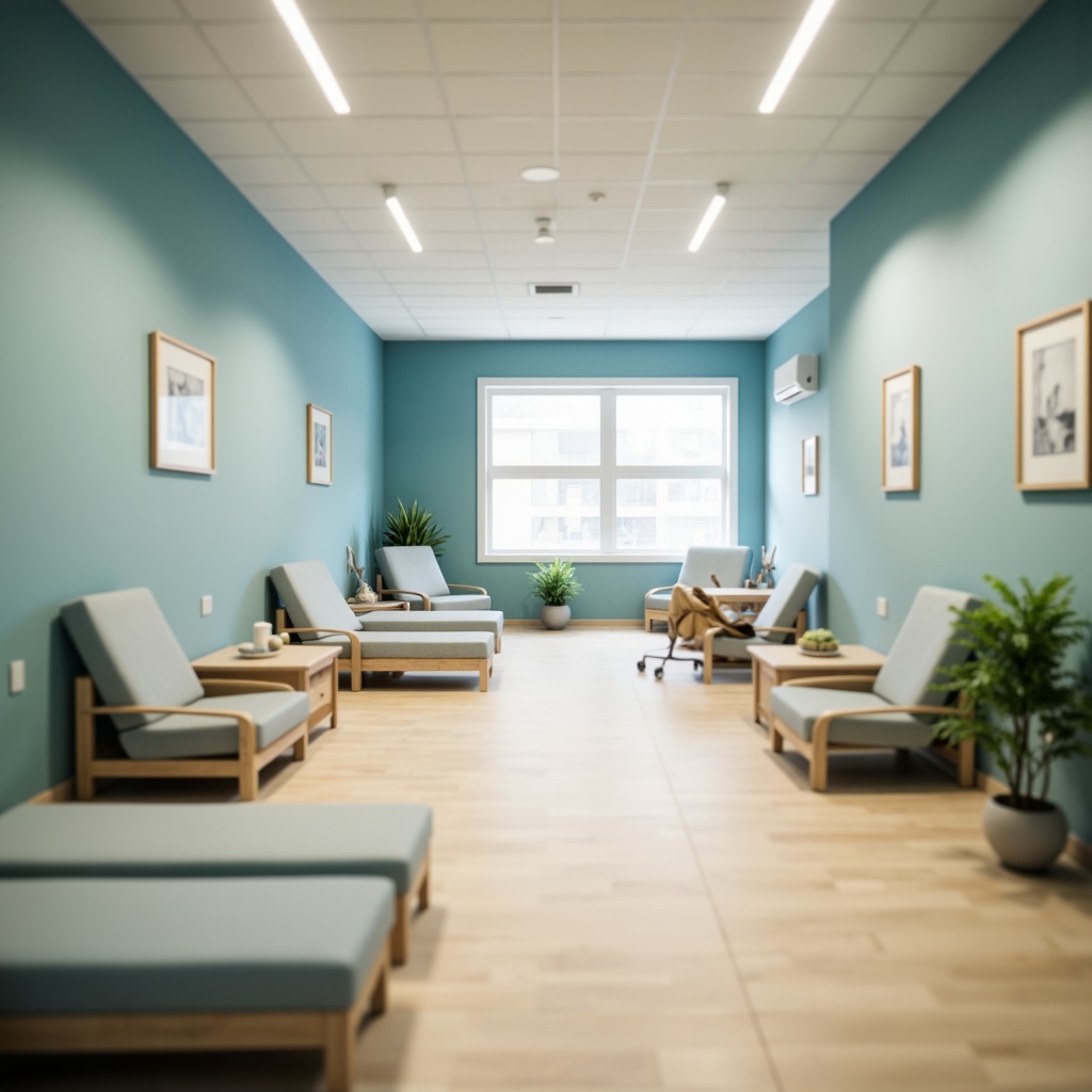 Prompt: Soothing hospital interior, powder blue accent walls, calming atmosphere, gentle lighting, comfortable patient rooms, soft furnishings, natural wood accents, minimalist decor, subtle textures, warm beige floors, serene ambiance, shallow depth of field, 1/1 composition, realistic renderings, ambient occlusion.