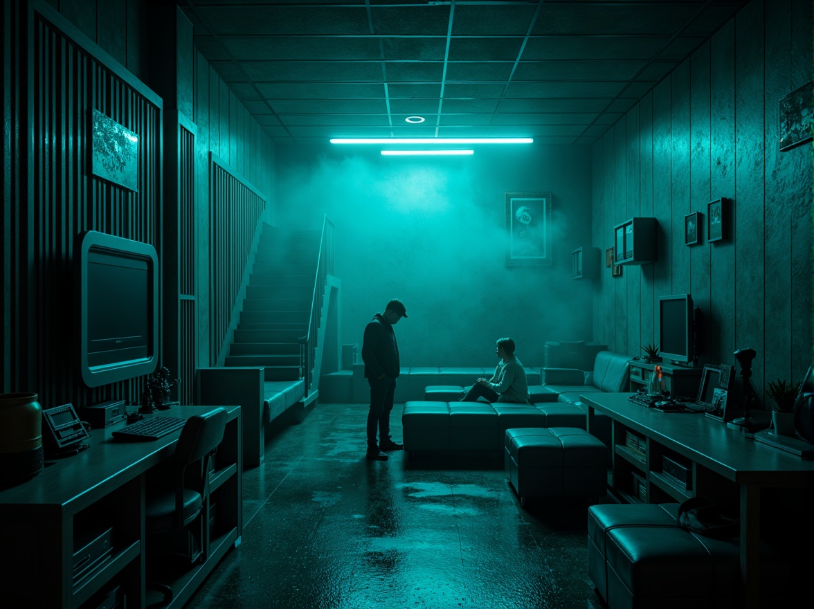 Prompt: Moody dark cyan walls, mysterious ambiance, futuristic neon lights, metallic accents, high-tech gadgets, sleek modern furniture, minimalist decor, abstract digital art, atmospheric mist, dramatic shadows, cinematic lighting, 1/1 composition, shallow depth of field, realistic reflections, ambient occlusion.