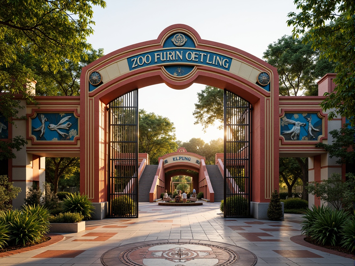 Prompt: Vibrant zoo entrance, ornate metal gates, Art Deco patterns, geometric shapes, bold typography, exotic animal sculptures, lush greenery, tropical plants, colorful tile work, curved lines, ornamental details, grand staircases, majestic archways, warm golden lighting, shallow depth of field, 1/1 composition, realistic textures, ambient occlusion.