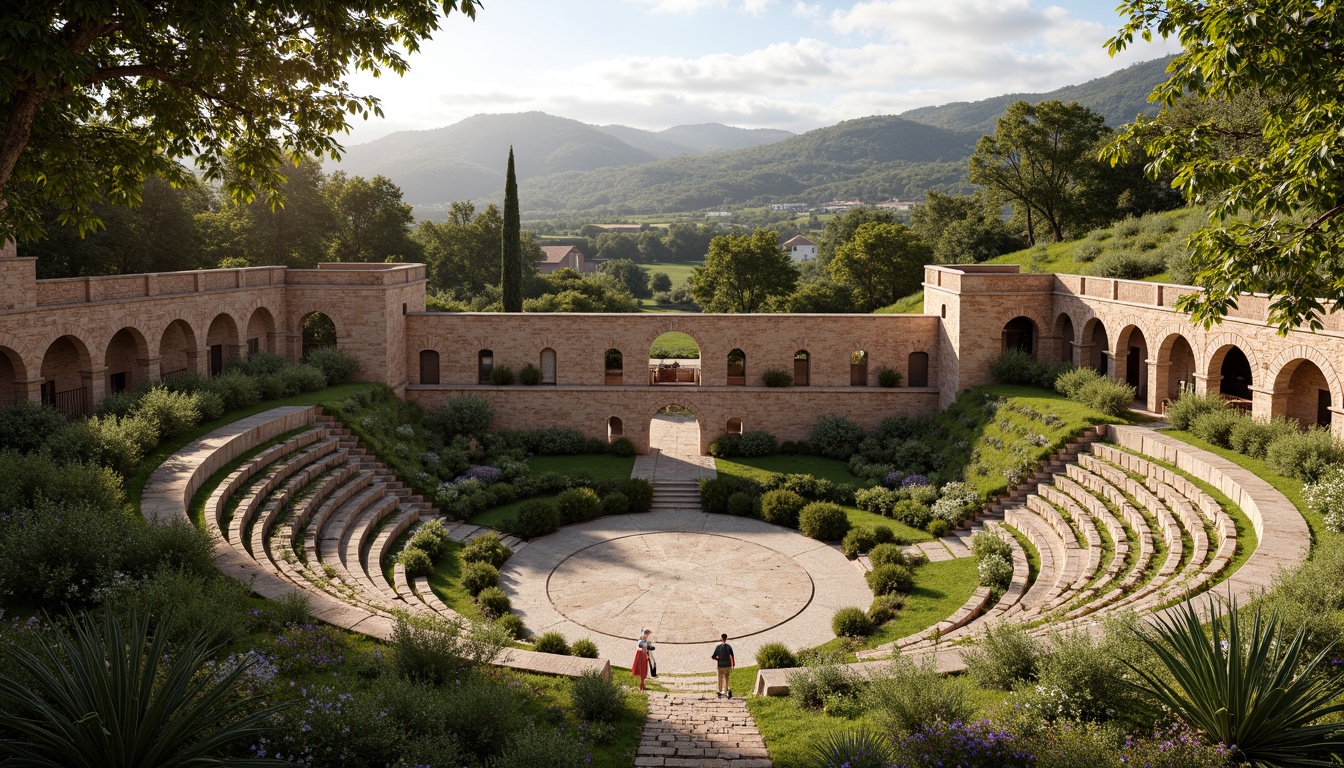 Prompt: Ancient Romanesque amphitheater, lush greenery, natural stone seating, ornate arches, grandiose columns, rustic brick facades, Mediterranean landscape, rolling hills, olive groves, cypress trees, sunny afternoon, warm golden lighting, shallow depth of field, 3/4 composition, panoramic view, realistic textures, ambient occlusion, integrated water features, naturalistic plantings, meandering pathways, scenic overlooks, historic preservation, cultural heritage, rustic charm.