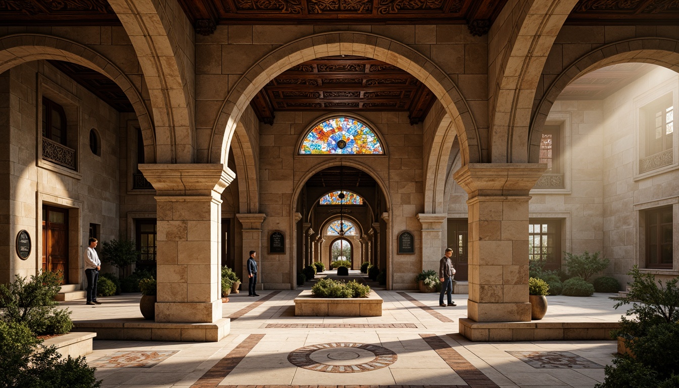 Prompt: Rustic school building, Romanesque style, ornate stone carvings, intricate archways, grand entrance, heavy wooden doors, stained glass windows, colorful mosaics, ornamental columns, curved lines, rich textures, earthy color palette, natural light pouring in, warm atmospheric lighting, shallow depth of field, 1/2 composition, symmetrical framing, realistic render, ambient occlusion.