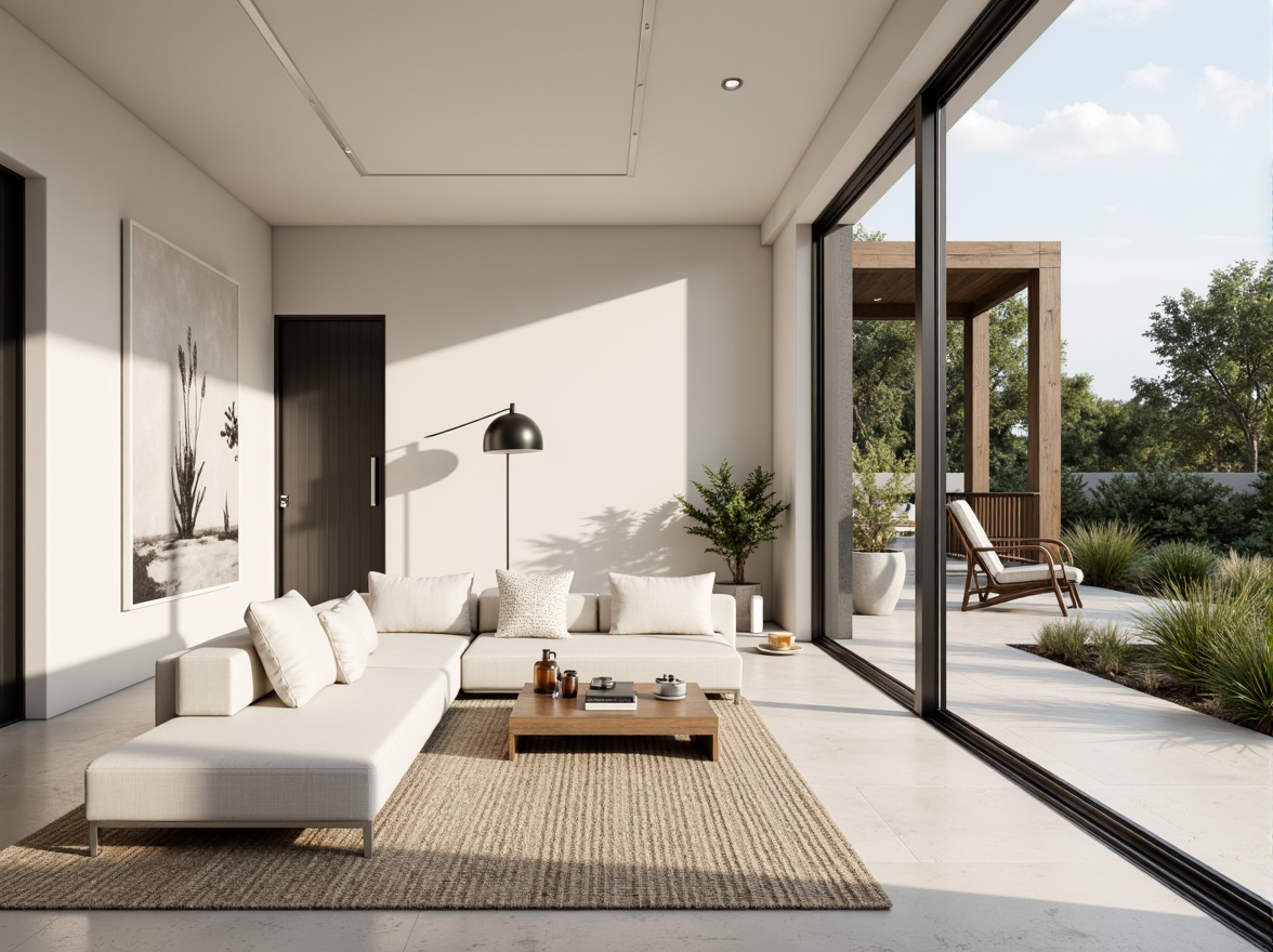 Prompt: Monochromatic modern homes, sleek lines, minimalist aesthetic, neutral color palette, soft whites, creamy beiges, warm grays, taupe accents, matte black trim, polished chrome fixtures, large windows, sliding glass doors, open floor plans, high ceilings, natural textiles, woven fibers, subtle patterns, ambient lighting, soft shadows, 1/1 composition, realistic renderings, detailed materials.