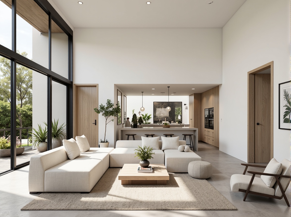 Prompt: Monochromatic modern homes, sleek lines, minimalist aesthetic, neutral color palette, soft whites, creamy beiges, warm grays, taupe accents, matte black trim, polished chrome fixtures, large windows, sliding glass doors, open floor plans, high ceilings, natural textiles, woven fibers, subtle patterns, ambient lighting, soft shadows, 1/1 composition, realistic renderings, detailed materials.