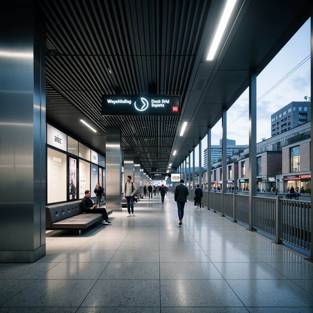 Prompt: Modern metro station interior, efficient passenger flow, sleek steel columns, polished granite floors, futuristic LED lighting, minimalist benches, digital signage, wayfinding displays, ticketing machines, security cameras, urban architectural style, high ceilings, open spaces, natural ventilation, sustainable materials, energy-efficient systems, crowded platforms, rush hour atmosphere, blurred motion, shallow depth of field, 1/2 composition, realistic textures, ambient occlusion.