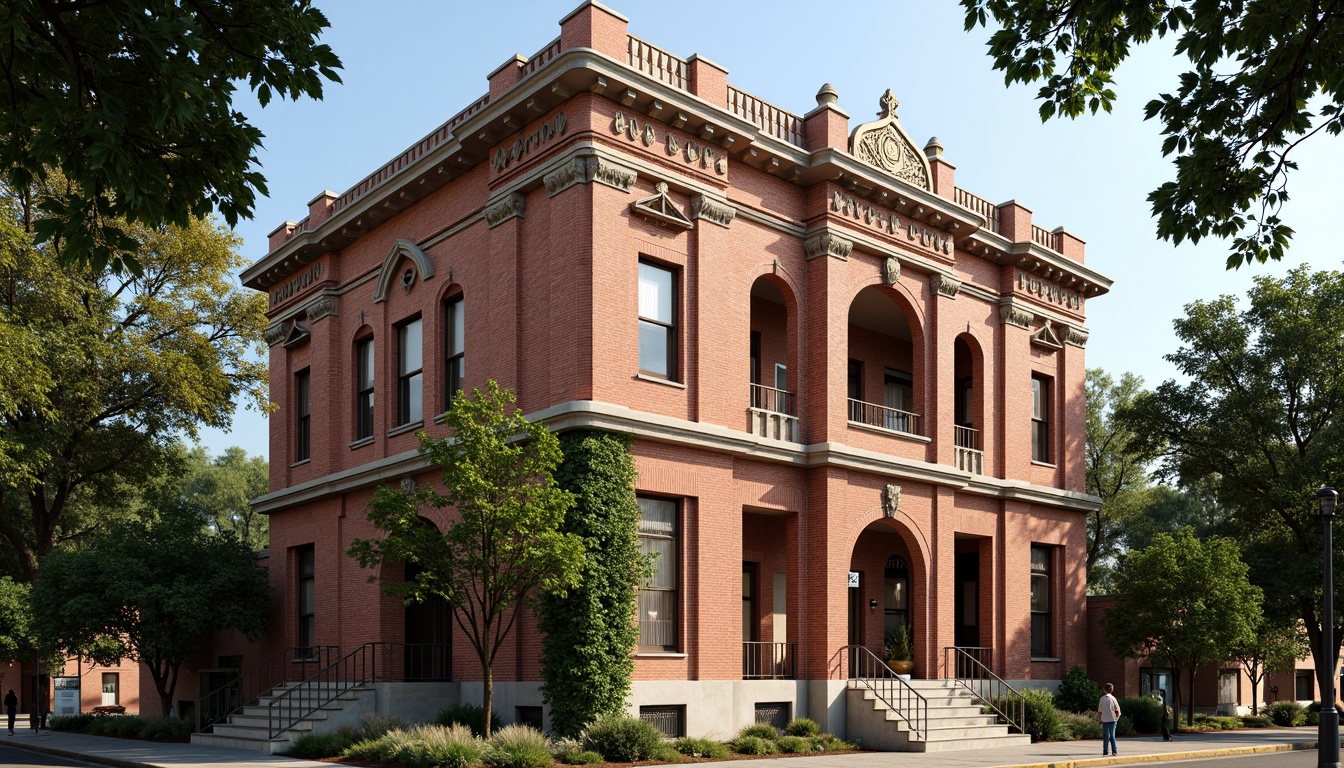 Prompt: Historic courthouse building, ornate brick facade, intricate masonry details, rusticated quoins, arched windows, grand entranceways, columned porticos, ornamental stonework, weathered red brick, ivy-covered walls, lush greenery, mature trees, sunny afternoon, soft warm lighting, shallow depth of field, 3/4 composition, realistic textures, ambient occlusion.