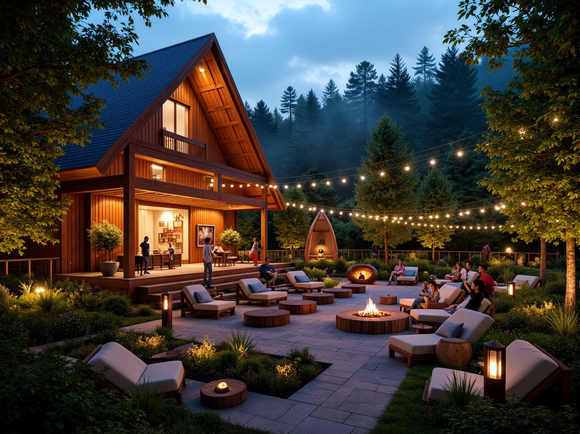 Prompt: Vibrant music venue, rustic wooden exterior, lush greenery surroundings, twinkling string lights, outdoor amphitheater, natural stone seating, eclectic art installations, bohemian-inspired decor, warm golden lighting, shallow depth of field, 1/2 composition, intimate atmosphere, realistic textures, ambient occlusion, serene forest backdrop, misty evening ambiance, soft focus blur.