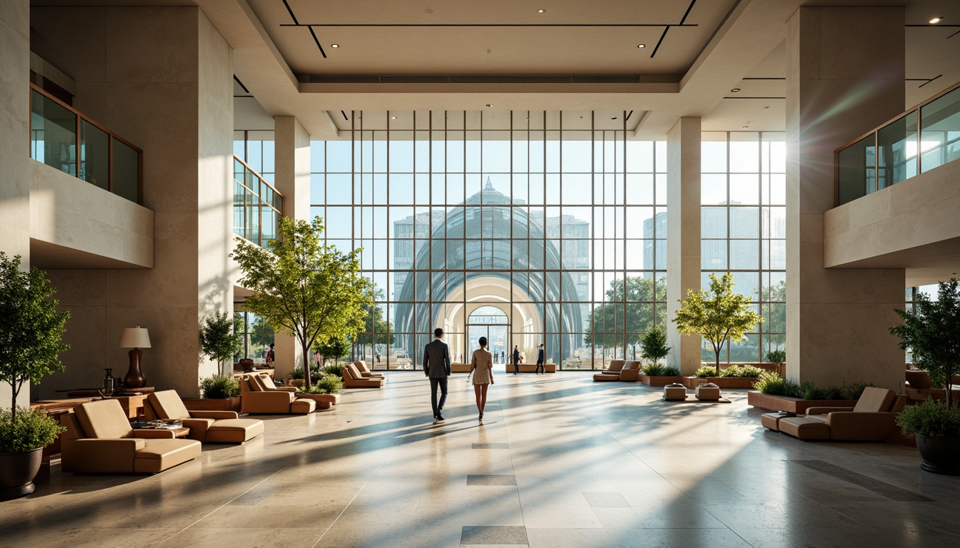 Prompt: Grand hotel lobby, high ceilings, floor-to-ceiling windows, transparent glass fa\u00e7ade, minimalist interior design, neutral color palette, reflective surfaces, polished marble floors, luxurious furnishings, abundant natural light, warm ambiance, soft shadows, 1/2 composition, shallow depth of field, gentle bokeh, realistic textures, ambient occlusion.