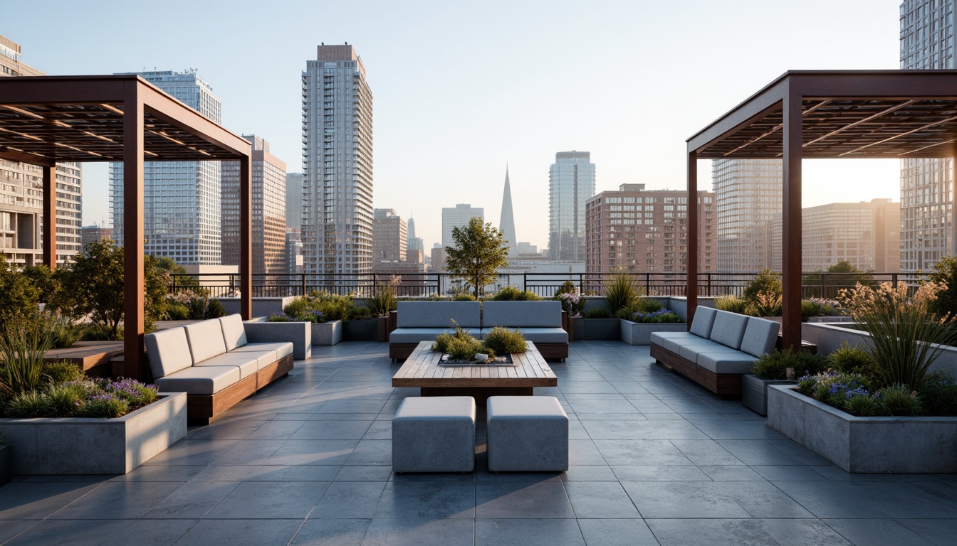 Prompt: Rooftop garden, minimalist decor, industrial chic, steel railings, concrete planters, geometric-shaped planters, succulent plants, modernist architecture, flat roof, urban skyline view, cityscape backdrop, functional outdoor furniture, built-in benches, cantilevered shade structures, bold color accents, graphic patterns, rectangular forms, clean lines, functional lighting, warm ambient glow, shallow depth of field, 2/3 composition, realistic textures, subtle atmospheric effects.