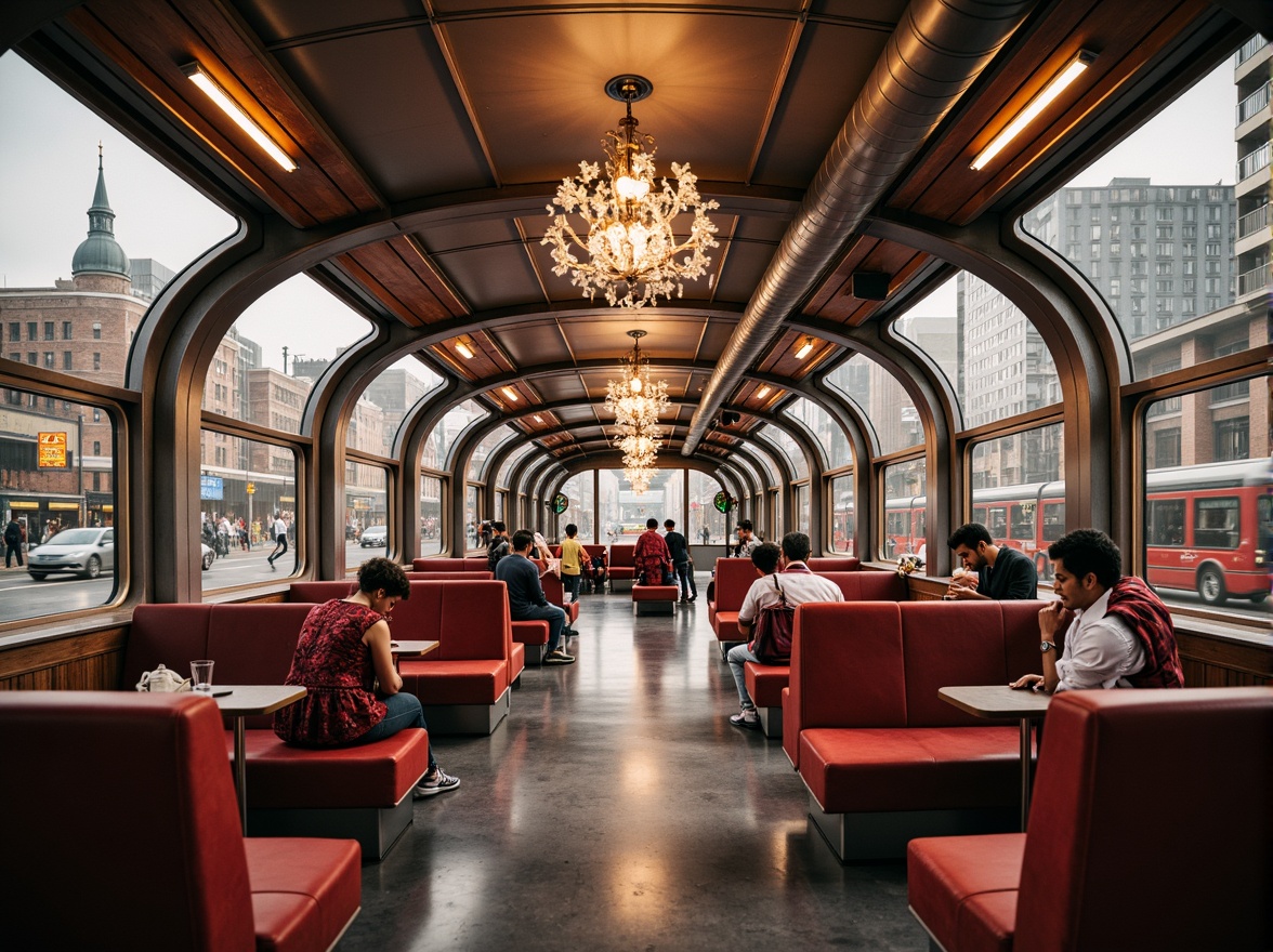 Prompt: Streamlined train station, metallic silver accents, rich wood tones, velvety red upholstery, polished chrome fixtures, curved lines, geometric patterns, luxurious waiting areas, grand chandeliers, soft warm lighting, shallow depth of field, 3/4 composition, panoramic view, realistic textures, ambient occlusion, urban cityscape, busy streets, modern skyscrapers, vibrant street art, eclectic neighborhoods, retro-futuristic vibes.