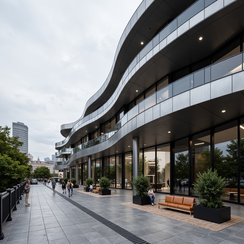 Prompt: Sleek modern building, curved lines, metallic materials, reflective glass surfaces, minimalist aesthetic, monochromatic color scheme, industrial chic atmosphere, urban cityscape, cloudy day, soft diffused lighting, shallow depth of field, 3/4 composition, panoramic view, realistic textures, ambient occlusion, polished concrete floors, brushed aluminum accents, matte black details, frosted glass partitions, leather upholstery, reclaimed wood furniture.