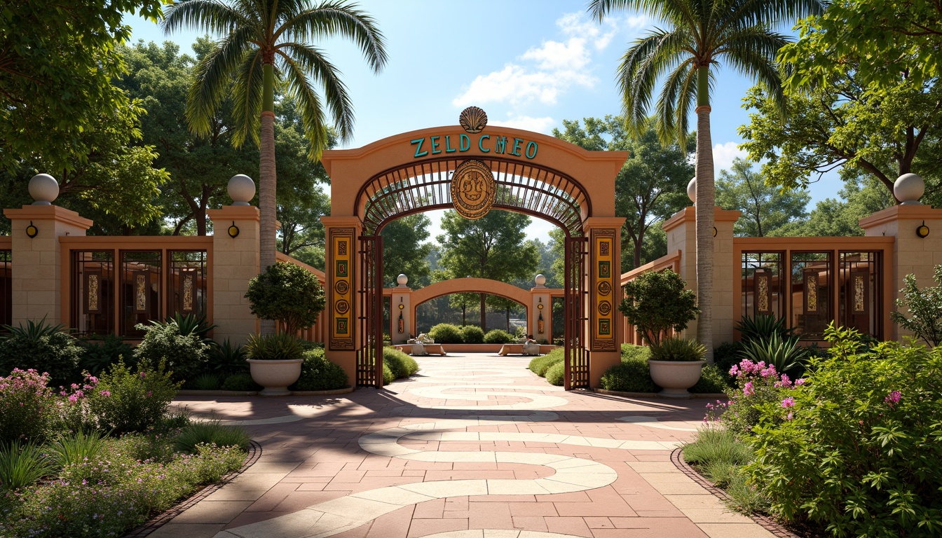 Prompt: Vibrant zoo entrance, Art Deco gates, ornate metalwork, lush greenery, tropical plants, exotic flowers, winding pathways, natural stone walls, curved lines, geometric patterns, bold colors, whimsical animal sculptures, intricate mosaics, sun-drenched courtyards, shaded walkways, panoramic views, 1/1 composition, warm soft lighting, realistic textures, ambient occlusion.