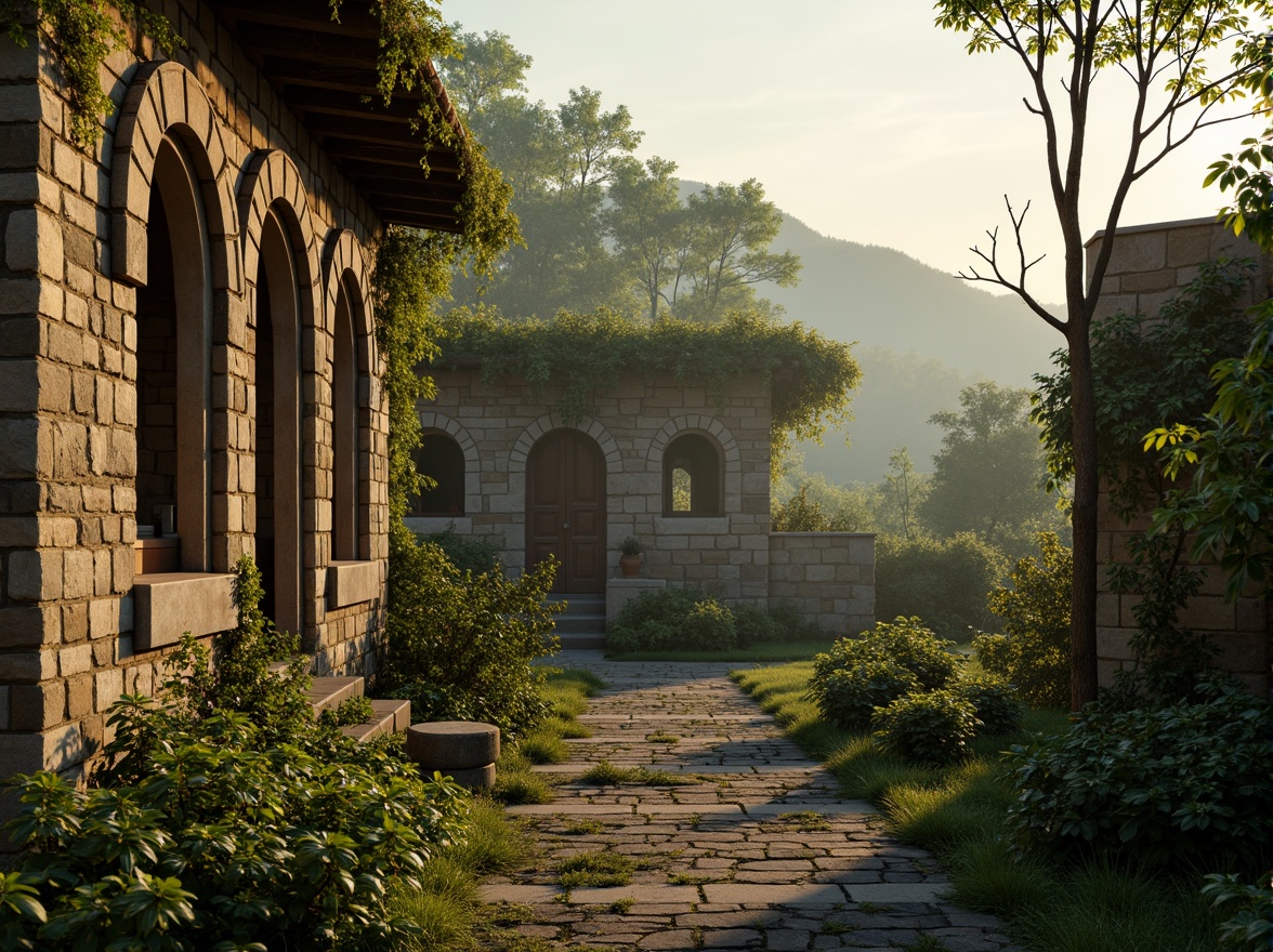 Prompt: Rustic stone buildings, arched windows, ornate carvings, lush greenery, overgrown vines, ancient trees, serene countryside, rolling hills, misty morning, warm golden lighting, soft focus, 1/1 composition, intimate atmosphere, natural textures, ambient occlusion, earthy tones, moss-covered walls, weathered stone surfaces, tranquil ambiance.