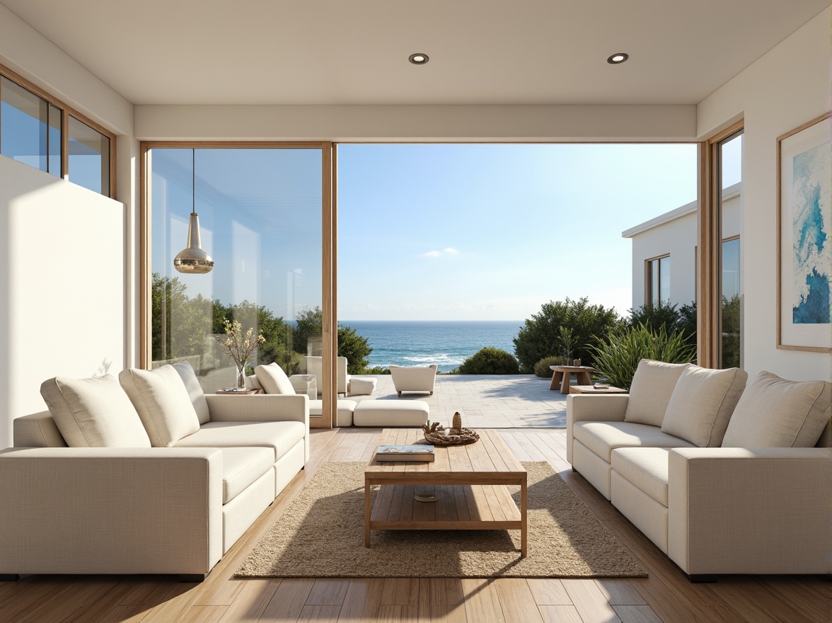 Prompt: Minimalist beachside villa, open-plan living area, floor-to-ceiling windows, sliding glass doors, ocean views, natural wood flooring, white walls, modern furniture, sectional sofas, coffee tables, pendant lighting, coastal-inspired decor, shell-shaped accessories, driftwood accents, soft blue and green color palette, ambient lighting, 1/1 composition, shallow depth of field, realistic textures, warm sunny day, gentle sea breeze.