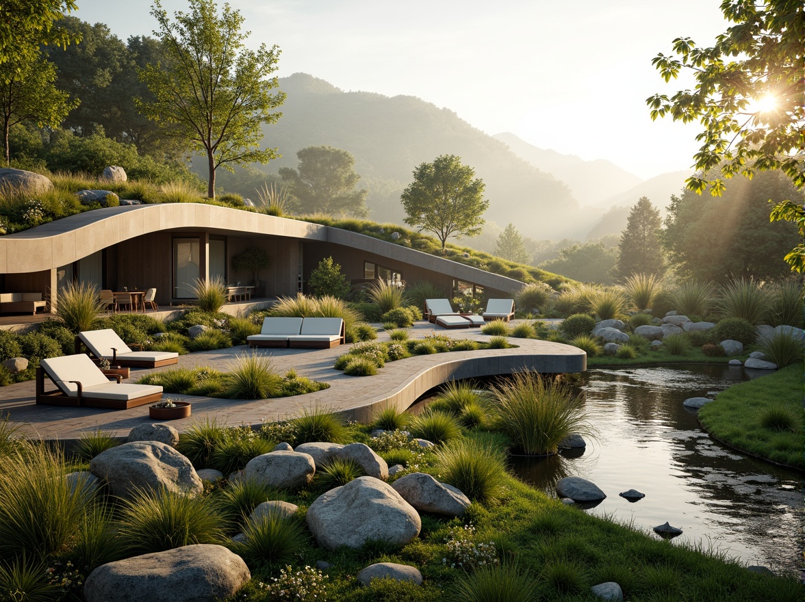 Prompt: Harmonious landscape integration, lush green roofs, natural stone walls, curved lines, organic forms, blending boundaries, seamless transitions, outdoor living spaces, wooden decks, cantilevered structures, minimal visual impact, eco-friendly materials, native plant species, wildflower meadows, serene water features, ripples on ponds, misty atmosphere, warm golden lighting, shallow depth of field, 1/1 composition, panoramic view, realistic textures, ambient occlusion.