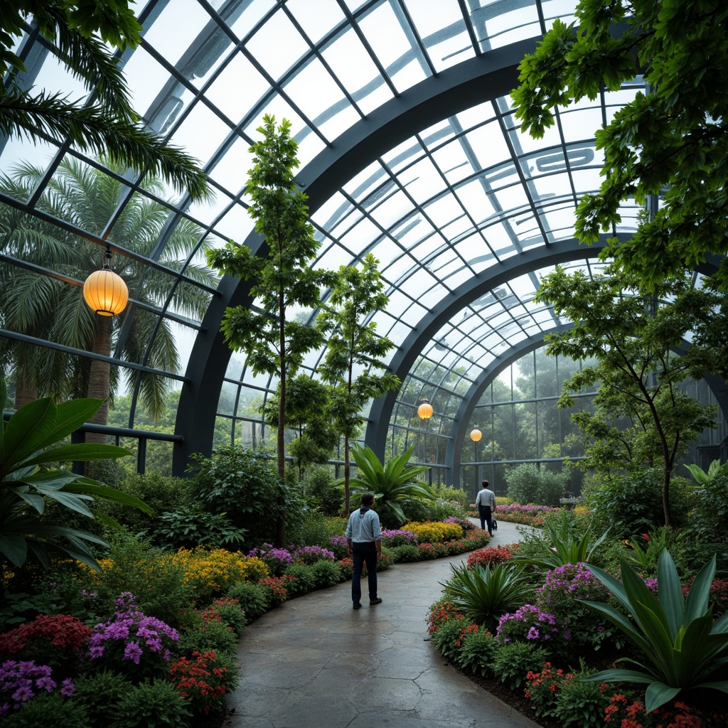 Prompt: Vibrant greenhouse, lush tropical plants, exotic flowers, curved glass facade, steel frame structure, organic shapes, irregular lines, bold color scheme, expressive architectural forms, futuristic design elements, dynamic lighting effects, misty atmosphere, soft focus, 1/1 composition, wide-angle lens, cinematic mood, stylized textures, dreamlike ambiance.Please let me know if this meets your requirements.