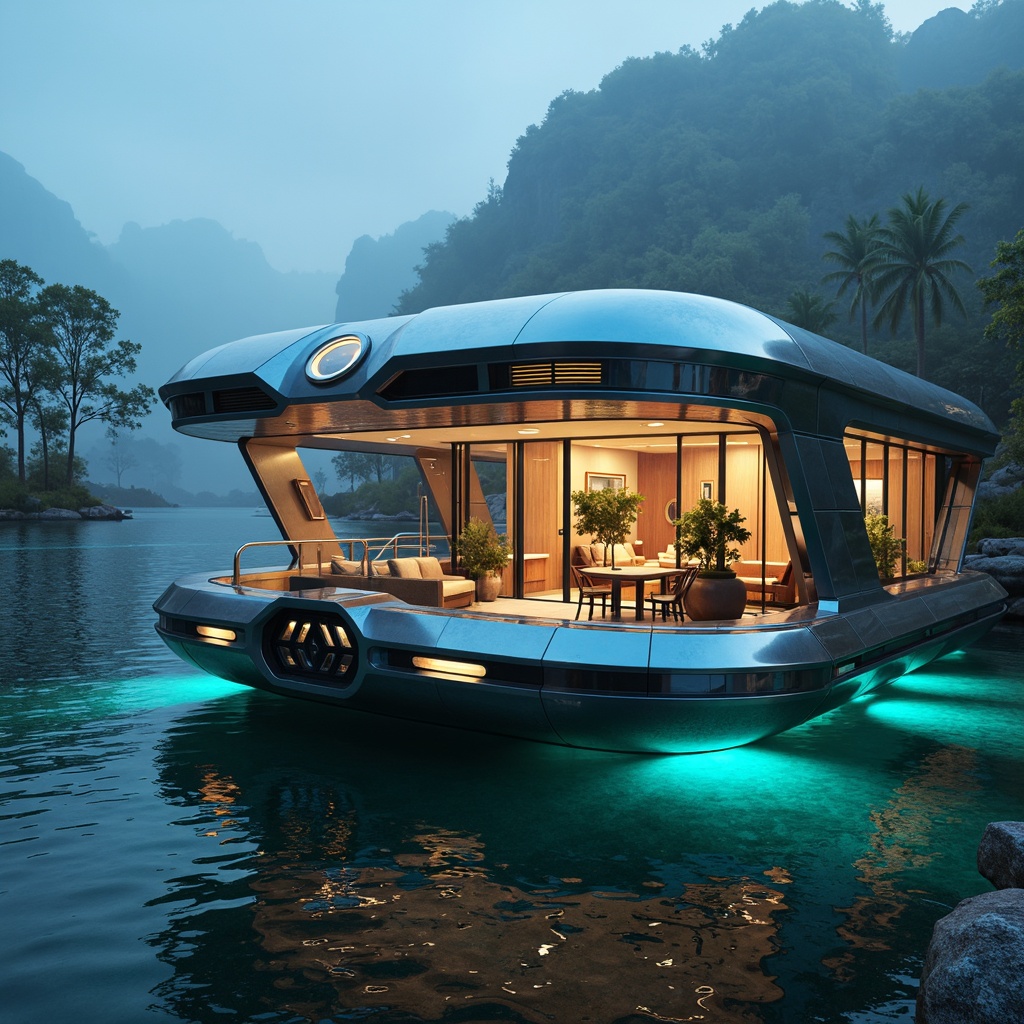 Prompt: Futuristic boathouse, metallic accents, iridescent hues, neon lights, glowing aqua tones, sleek glass surfaces, reflective chrome details, weathered wood textures, nautical ropes, porthole windows, angular lines, minimalist decor, ambient LED lighting, misty morning atmosphere, shallow water reflections, 1/1 composition, realistic renderings, high-contrast colors, vibrant turquoise accents.