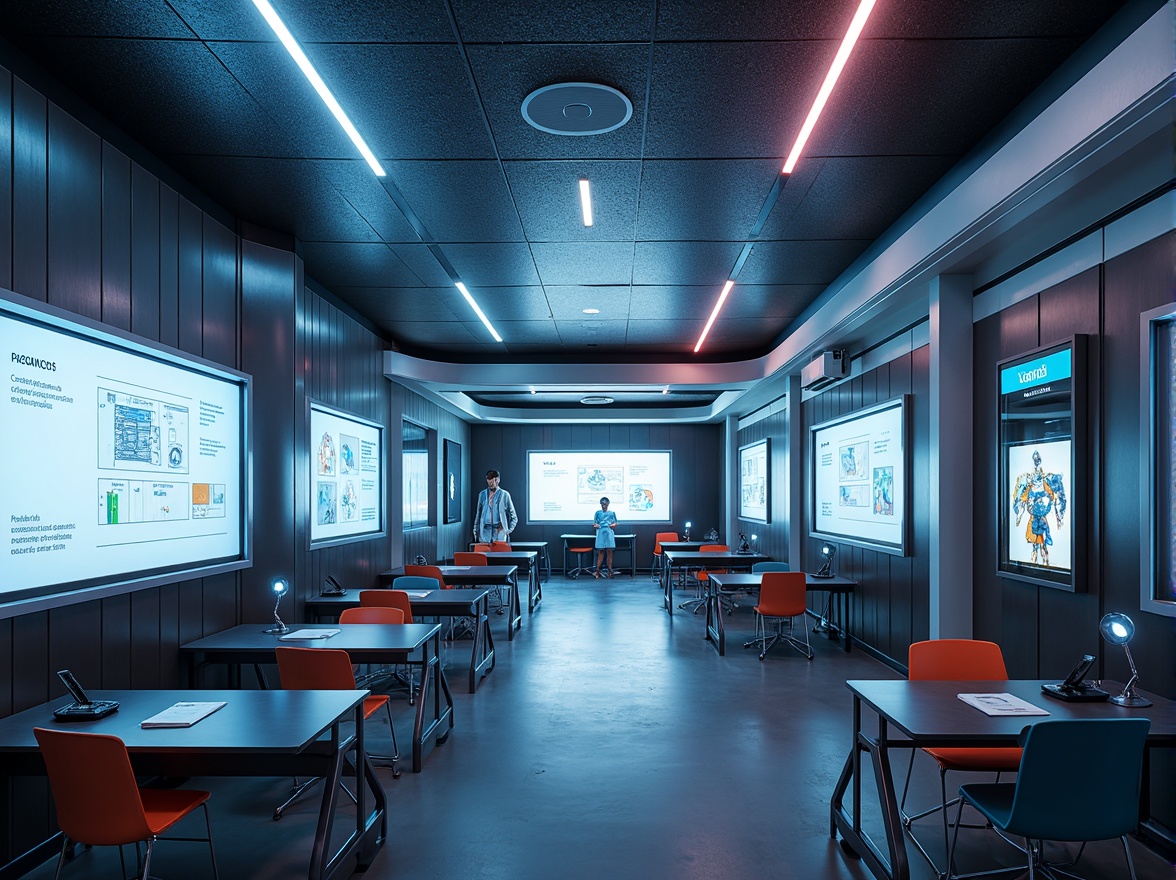 Prompt: Futuristic school interior, neon-lit corridors, sleek metal walls, holographic displays, interactive whiteboards, minimalist furniture, ergonomic chairs, curved lines, geometric patterns, ambient lighting, soft glow accents, 3/4 composition, shallow depth of field, panoramic view, realistic textures, ambient occlusion, spacious open areas, collaborative learning spaces, modular desks, adjustable seating, virtual reality zones, immersive learning experiences, futuristic laboratory equipment, robotic assistants, innovative storage solutions, dynamic color schemes.