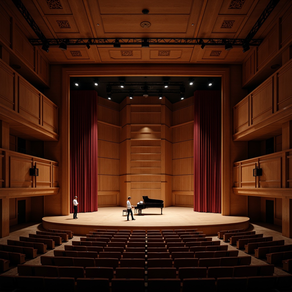 Prompt: Intimate concert hall, wooden stage, grand piano, velvet curtains, plush audience seating, sound-absorbing panels, acoustic diffusers, reverberation-enhancing architecture, warm ambient lighting, subtle color scheme, rich wood tones, ornate details, precise sound reflection, 1/2 composition, shallow depth of field, soft focus, realistic textures, ambient occlusion.