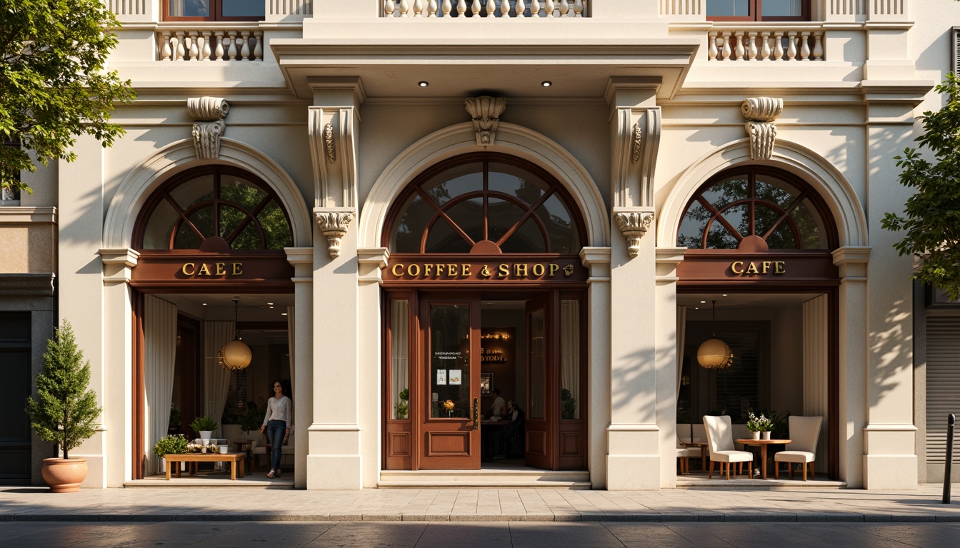 Prompt: Elegant coffee shop facade, neoclassical architecture style, symmetrical composition, ornate details, grand entrance, arched windows, Corinthian columns, cream-colored stone walls, subtle rustication, decorative pilasters, ornamental pediment, rich wood accents, bronze door handles, vintage-inspired signage, soft warm lighting, inviting atmosphere, urban street context, morning sunlight, shallow depth of field, 1/2 composition, realistic textures, ambient occlusion.