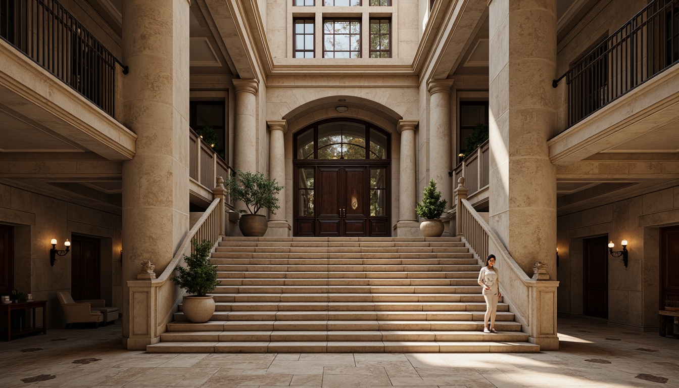 Prompt: Grand courthouse entrance, Neoclassical facade, ornate columns, arched windows, rusticated stone walls, majestic clock tower, symmetrical composition, richly textured details, subtle color palette, natural stone flooring, wooden accents, intricate stonework patterns, imposing grand staircase, solemn atmosphere, soft warm lighting, shallow depth of field, 3/4 composition, realistic textures, ambient occlusion.