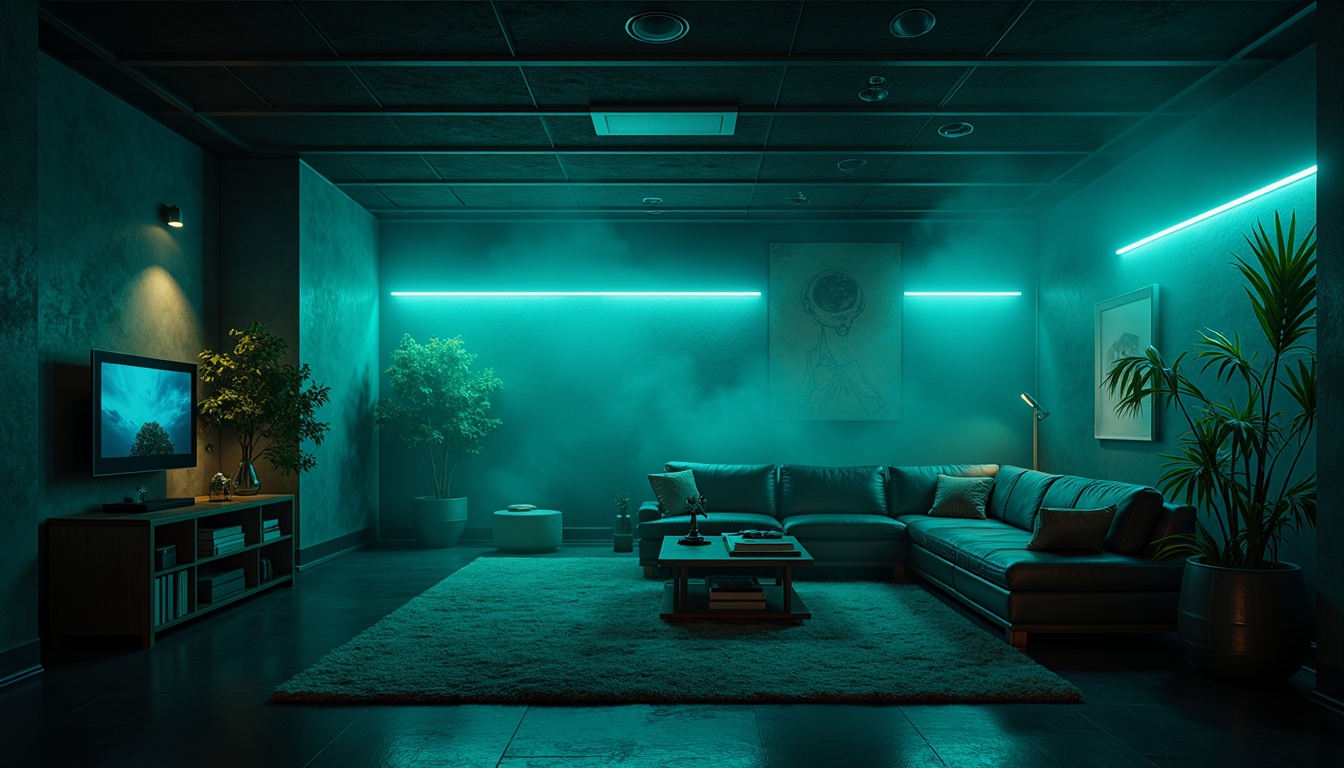 Prompt: Moody dark cyan walls, mysterious ambiance, futuristic neon lights, metallic accents, high-tech gadgets, sleek modern furniture, minimalist decor, abstract digital art, atmospheric mist, dramatic shadows, cinematic lighting, 1/1 composition, shallow depth of field, realistic reflections, ambient occlusion.