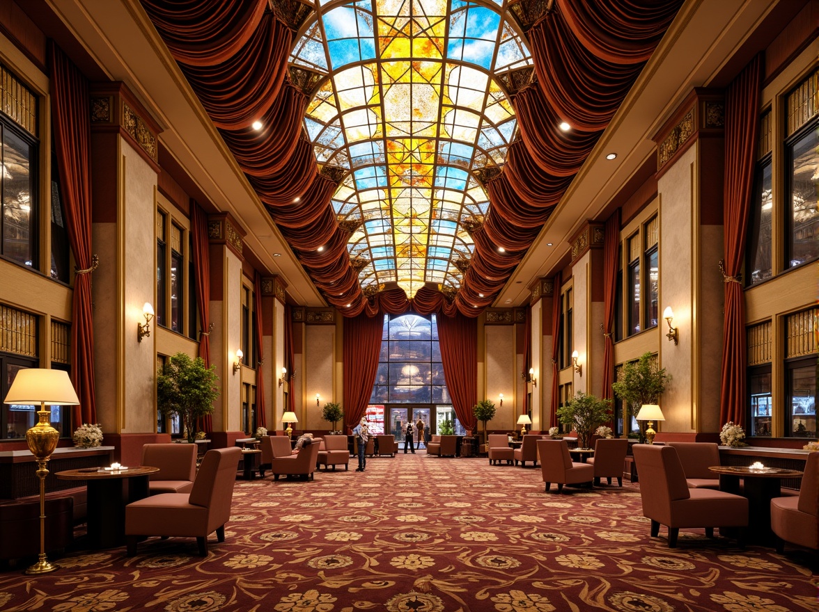 Prompt: Luxurious casino interior, ornate Art Nouveau details, flowing curvilinear lines, vibrant stained glass ceiling, intricately patterned carpets, rich velvet drapes, gilded accents, marble columns, ornamental mirrors, lavish chandeliers, opulent furnishings, exotic wood paneling, metallic leaf patterns, subtle ambient lighting, warm golden tones, 1/1 composition, shallow depth of field, realistic reflections.