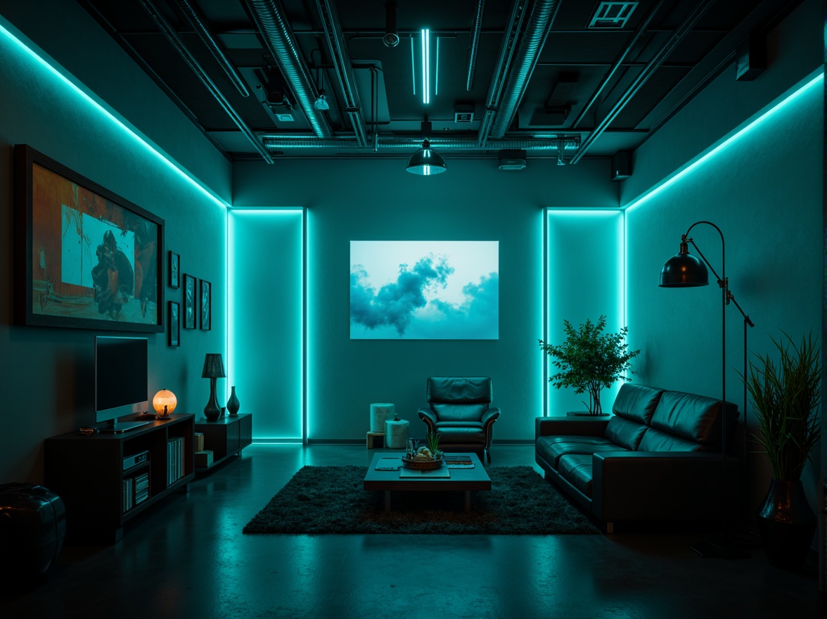 Prompt: Moody dark cyan walls, mysterious ambiance, futuristic neon lights, metallic accents, high-tech gadgets, sleek modern furniture, minimalist decor, abstract digital art, atmospheric mist, dramatic shadows, cinematic lighting, 1/1 composition, shallow depth of field, realistic reflections, ambient occlusion.