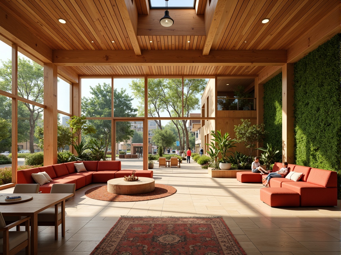 Prompt: Vibrant community center, warm earthy tones, natural wood accents, cozy textiles, comfortable seating areas, lush green walls, playful kids' zones, collaborative workspaces, modern minimalist decor, abundant natural light, soft warm glow, shallow depth of field, 3/4 composition, realistic textures, ambient occlusion.