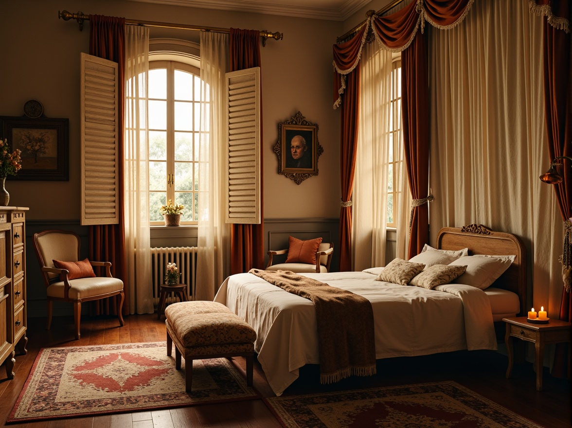 Prompt: Whimsical boudoir, soft velvety drapes, flowing silk curtains, delicate lace trimmings, ornate wooden shutters, distressed finishes, vintage hardware, romantic candlelight, warm golden hues, plush area rugs, luxurious fabrics, billowy sheers, subtle patterns, elegant folds, dramatic swags, opulent tassels, lavish trims, intimate ambiance, cozy nooks, relaxing atmosphere, soft focus, warm color palette, 1/2 composition, shallow depth of field.